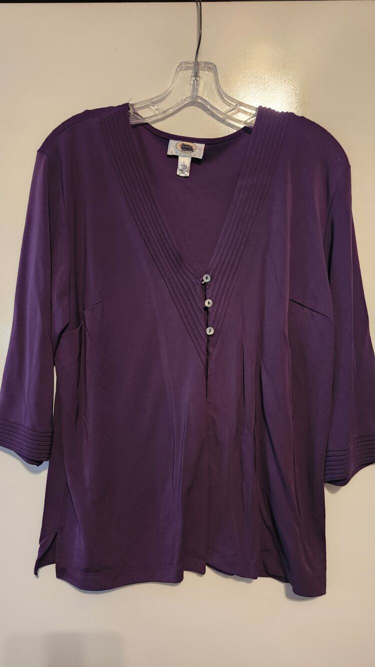 Talbots Petites Purple V-Neck Top PL 3/4 Sleeve Pleated Trim Button Detail #863